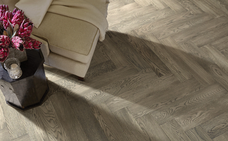 herringbone hardwood flooring in living room